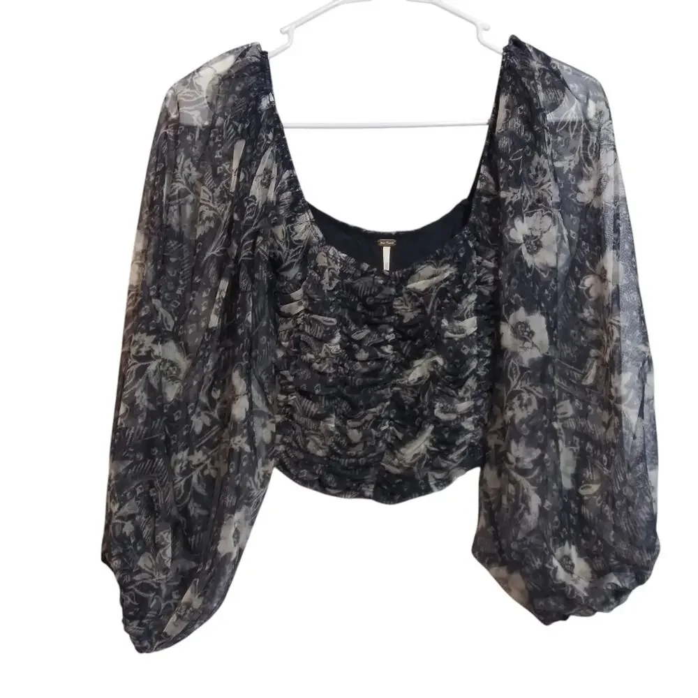 Free People Lilia Top Peasant Smocked Crop Sheer Sleeves Size XS